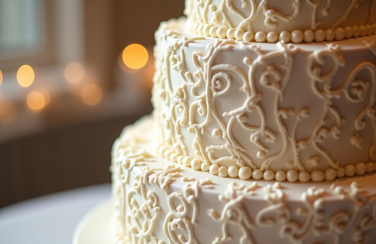 Impresionante tarta de boda con detalles que simulan un bordado fino.