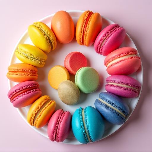 Mosaico de macarons de colores vivos colocados en una paleta.
