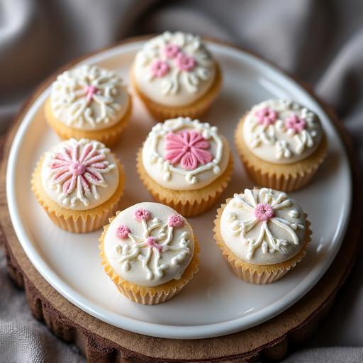 Mini pastelitos decorados con glasa real simulando el patrón de punto de cruz.