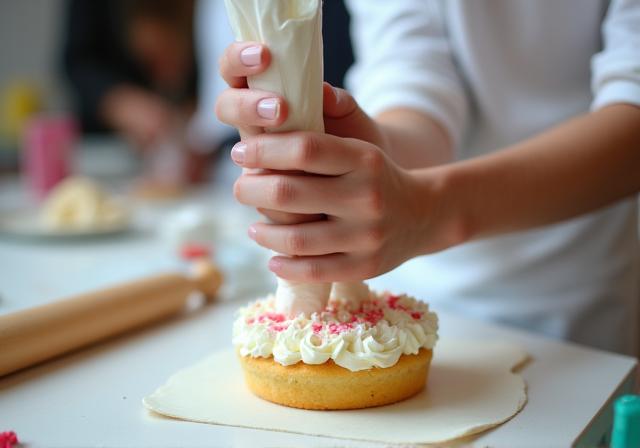 Primer plano de una cursillista aprendiendo a usar la manga pastelera.