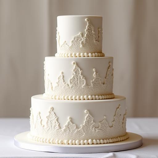 Tarta Nupcial de tres pisos con detalles de encaje comestible.