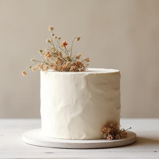 Tarta de boda minimalista de un piso con textura de lino y flores secas.