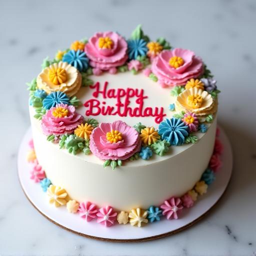 Tarta de cumpleaños decorada con un efecto acuarela floral en crema.